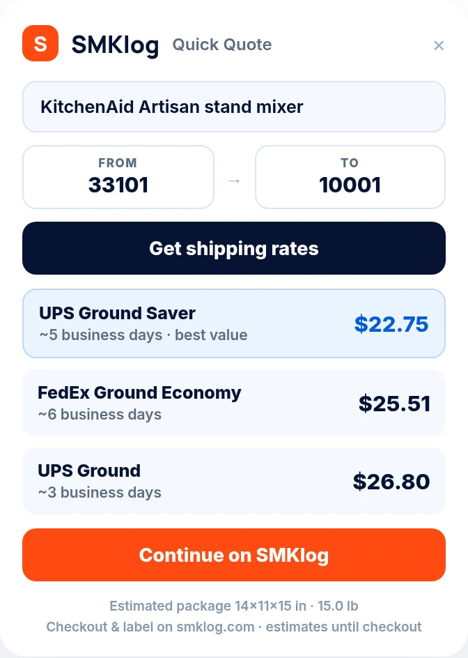 SMKlog Quick Quote badge expanded on a product page showing three live carrier rates