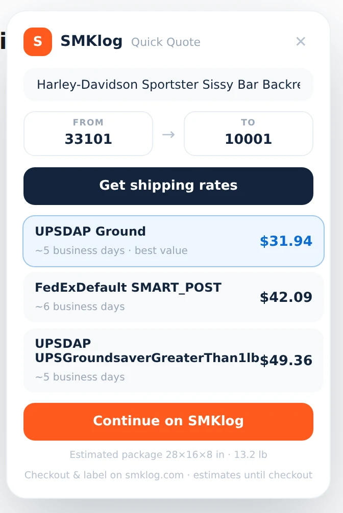 SMKlog Quick Quote badge on a product page with live carrier rates