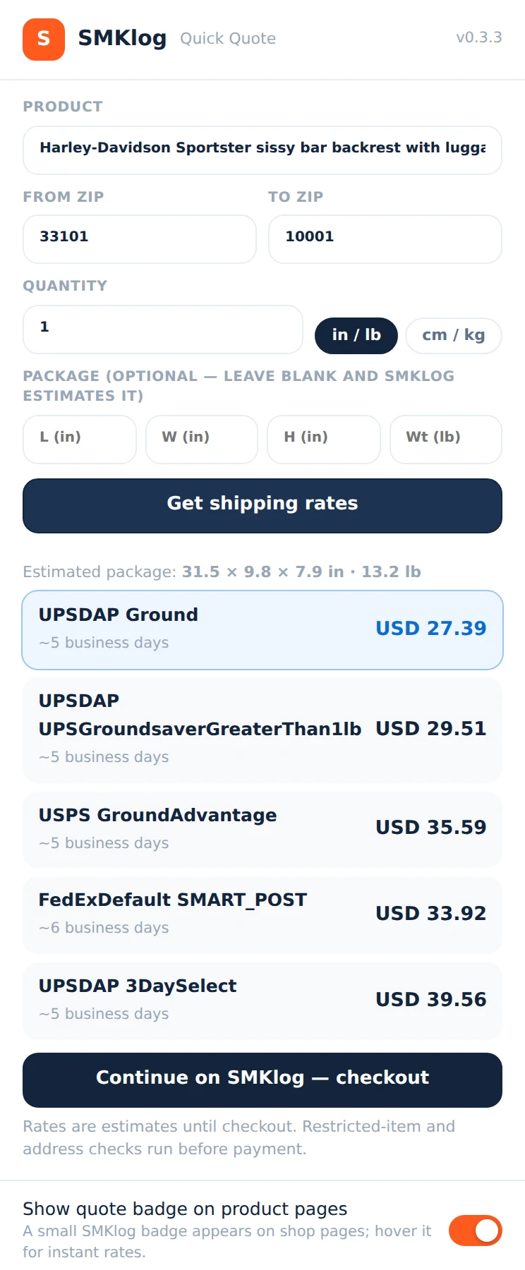 SMKlog Quick Quote toolbar popup with five live carrier rates and a package estimate