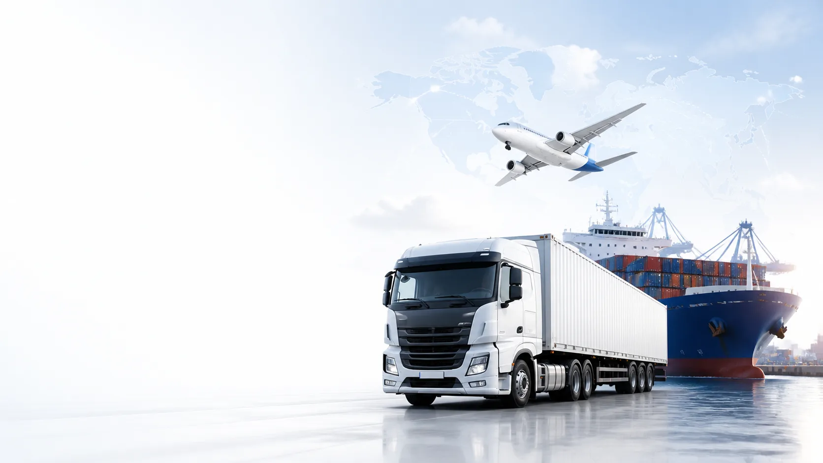 Truck, cargo ship, airplane, and global shipping map